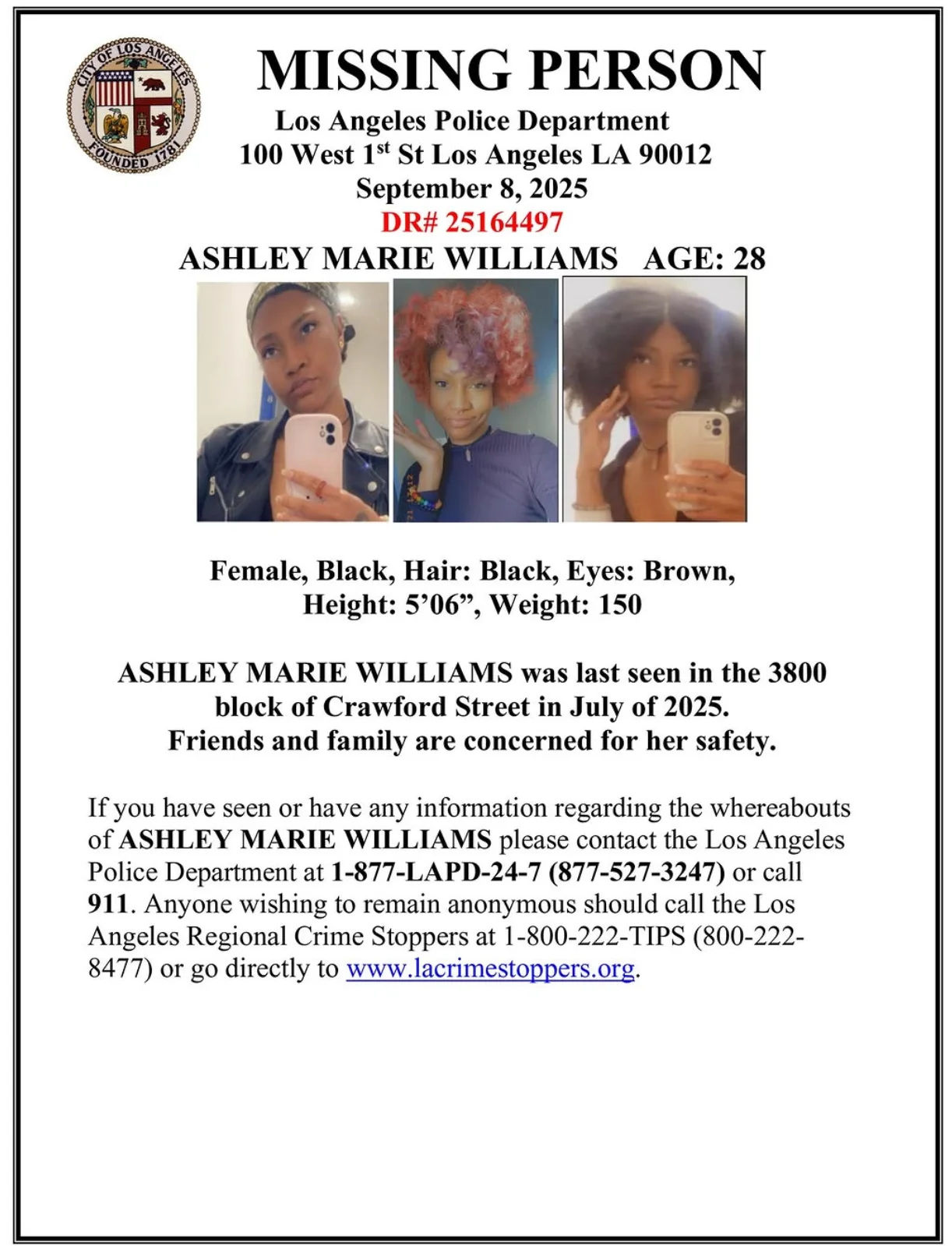 Missing person bulletin photo for Ashley Marie Williams